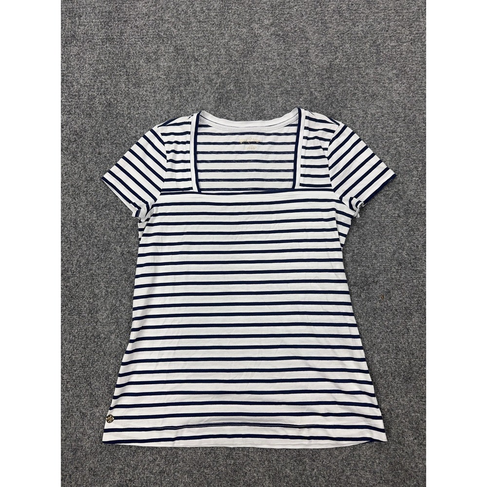 Lilly Pulitzer Shirt Womens XS White Stripe Cotton Short Sleeve Square‎ Neck Tee